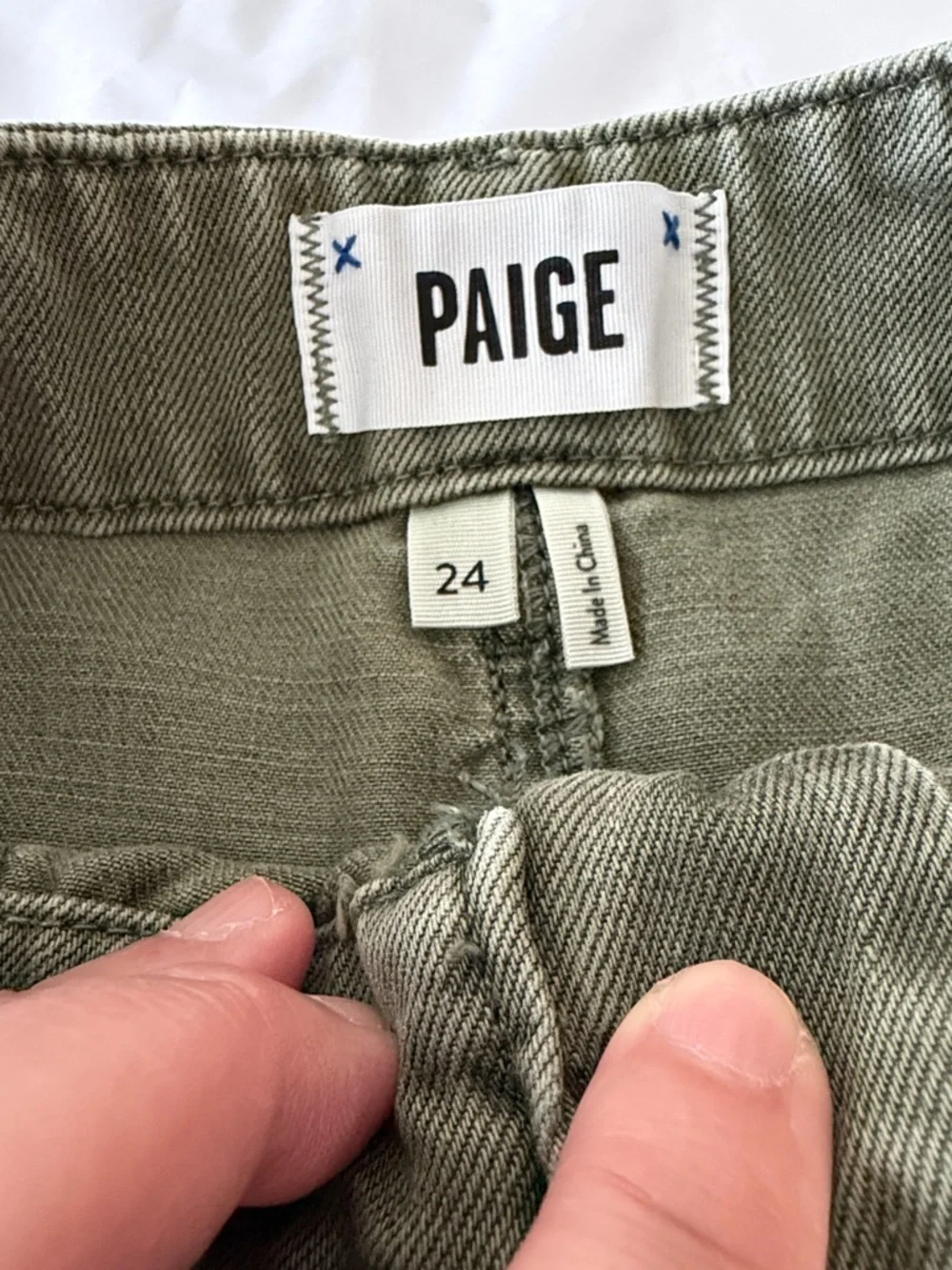 PAIGE Olive Green Frayed-Hem Denim Shorts - Picture 2 of 8